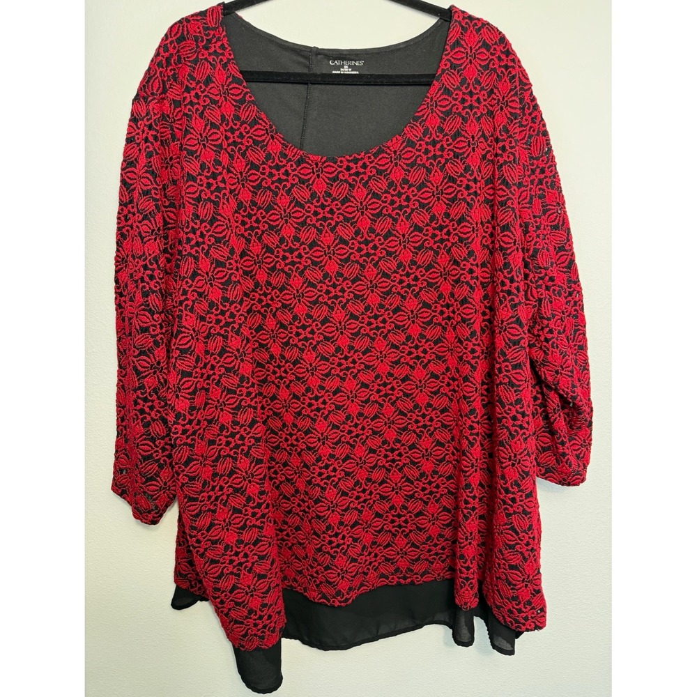 Catherines Plus Size 5X Red/Black Floral Lace Lined Scoop Neck Tunic 3/4 Slv